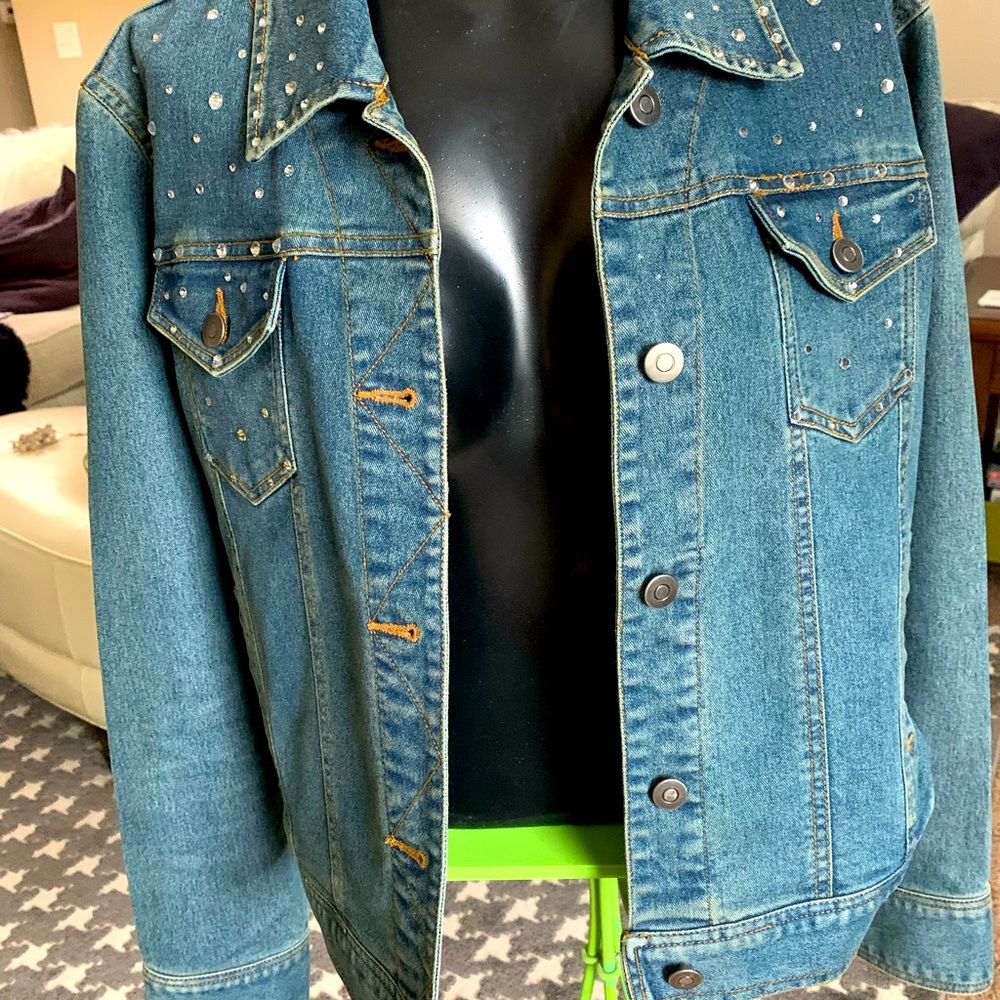 H & J Swarovski Crystal Denim Jean Jacket L Glam Bling Casual Stretch Classic